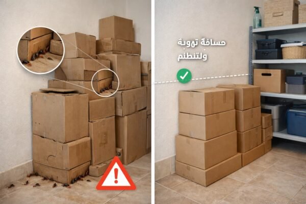 كراتين متراكمة قرب الحائط في مخزن مبارك الكبير قبل الترتيب