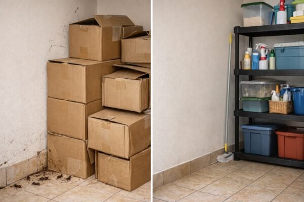 مخزن بالأحمدي قبل الترتيب يوضح كراتين قد تتحول لمأوى للحشرات