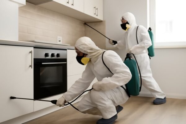 فريق محترف يرش المبيدات داخل منزل للتخلص من الحشرات