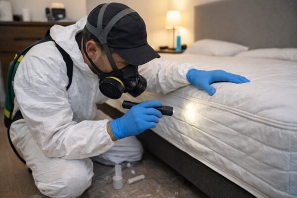 فني يفحص درزات المرتبة بكشاف ضوء في غرفة نوم بمبارك الكبير