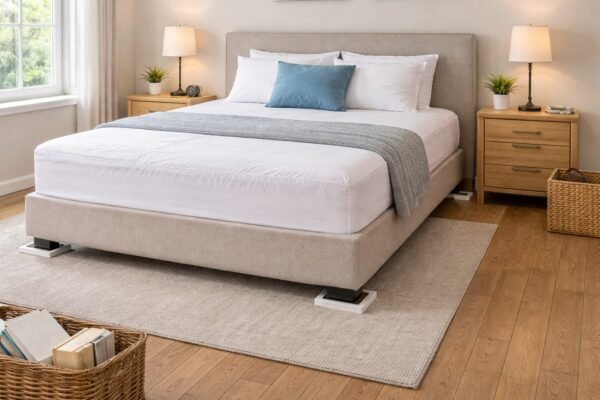 غرفة نوم منظمة لمكافحة الحشرات مع غطاء واقٍ للمرتبة ومصائد لاصقة