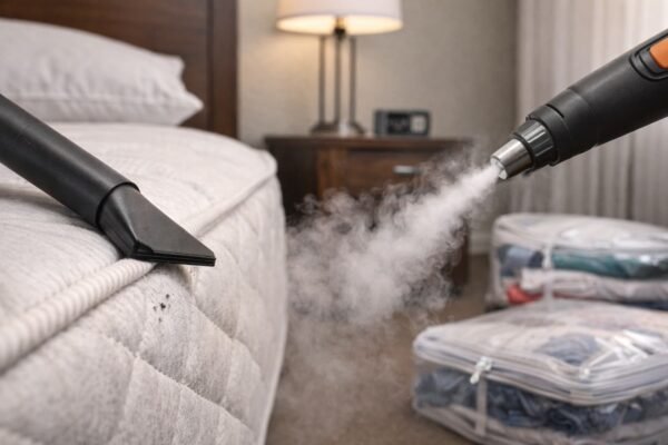 تنظيف حافة المرتبة بمكنسة وبخار مع أكياس غسيل محكمة