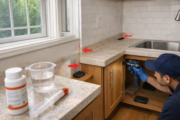 سيناريو مكافحة حشرات داخل منزل مع تحديد أماكن الرش في الشقوق والزوايا