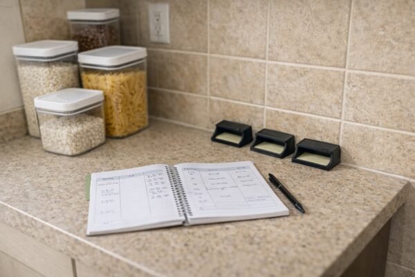 صورة أفقية لركن متابعة وقائي ضد الحشرات داخل منزل كويتي مع مصائد مراقبة ودفتر صيانة