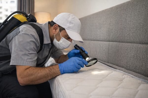 فني مكافحة حشرات يفحص حواف المرتبة والسرير بكشاف وعدسة في السالمية