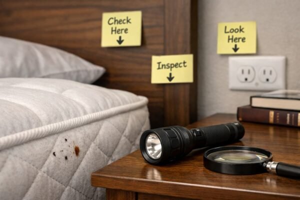 غرفة نوم مرتبة مع فحص حافة المرتبة بكشاف ومكبرة