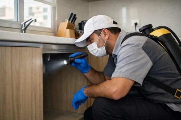 فني مكافحة حشرات يفحص زوايا مطبخ شقة بالسالمية بكشاف