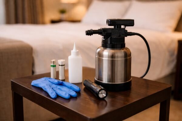 أدوات مكافحة حشرات احترافية مرتبة على طاولة داخل منزل