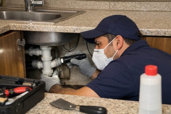 مختصر: فني مكافحة حشرات يفحص صرف المطبخ أسفل الحوض بالخالدية