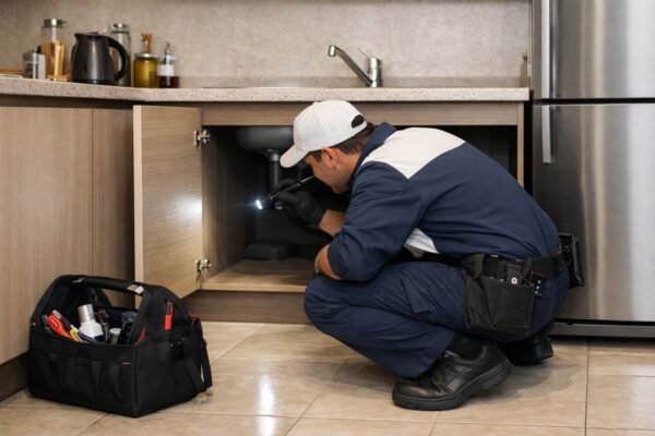 مختصر: فني مكافحة حشرات يفحص أسفل الحوض بالمطبخ