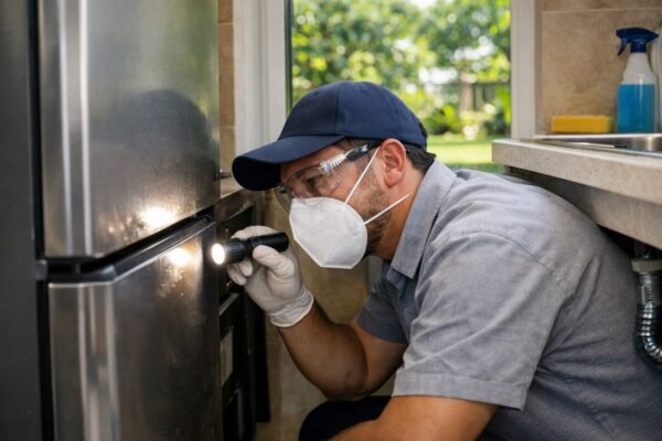 فني يفحص زوايا المطبخ خلف الثلاجة