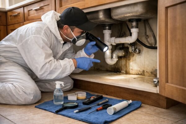 مختصر: فني مكافحة حشرات يفحص أسفل حوض مطبخ بالروضة