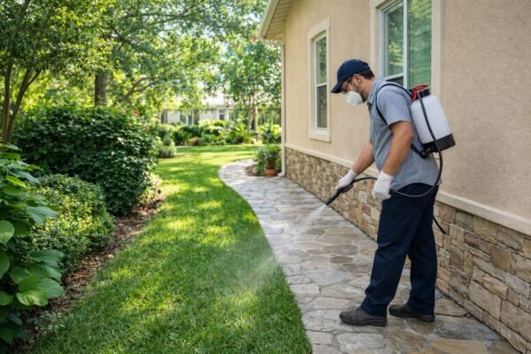 فني مكافحة حشرات يقوم بتطبيق علاج وقائي حول محيط المنزل