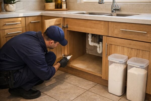 فني يسد فتحة تمديد خلف الخزانة في مطبخ بالمنصورية