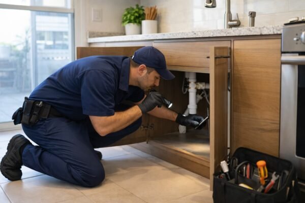 فني مكافحة حشرات يفحص أسفل الحوض وحواف الخزائن في مطبخ منزل بعبدالله السالم