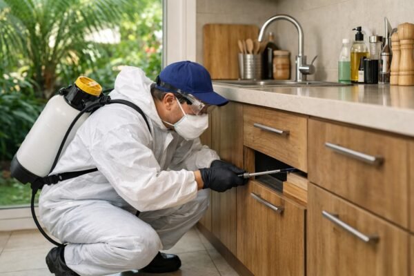 فني مكافحة حشرات يعالج شقوق المطبخ قرب الحوض بالدعية