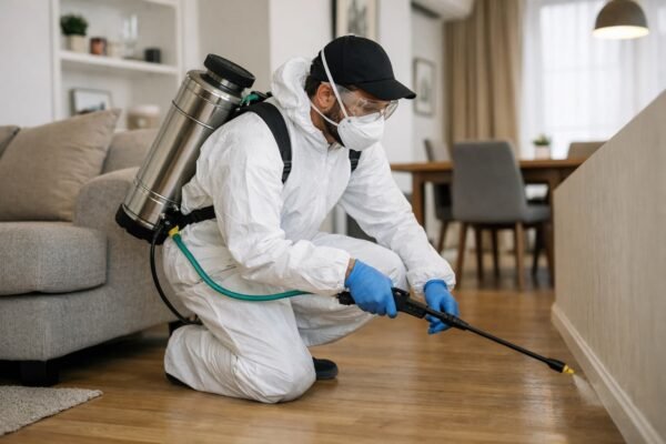 فني يرش مبيد حشري داخل شقة بدسمان