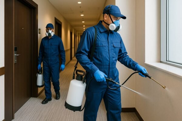 فنيون يرشون مبيدات داخل فندق بالكويت