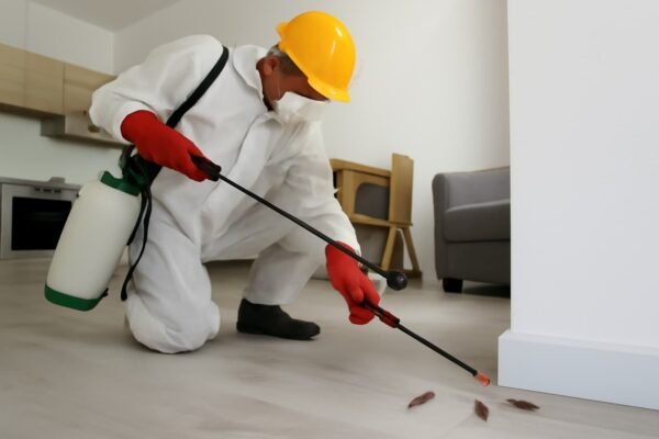 فني مكافحة الحشرات داخل منزل حديث يقوم برش الصراصير باستخدام جهاز رش.