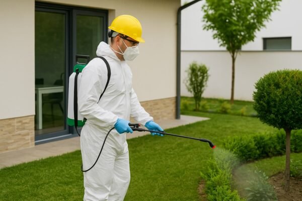 فني رش مبيدات في حديقة منزلية بالكويت