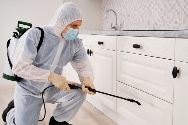فني مكافحة نمل داخل مطبخ كويتي