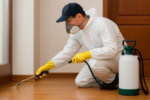 فني مكافحة حشرات يرش مبيد عند قاعدة الجدار