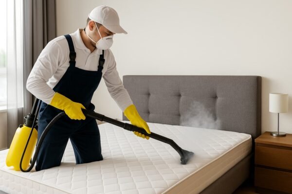 فني يعالج سرير بالبخار لمكافحة بق الفراش
