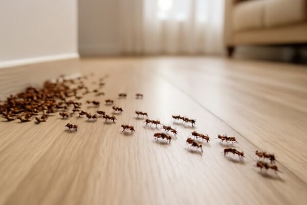 مجموعة من النمل تسير عبر أرضية خشبية فاتحة داخل منزل حديث.