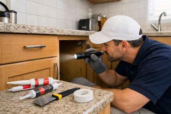 فني مكافحة يفحص زوايا المطبخ بمصباح يدوي