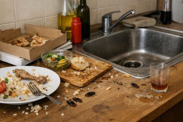 مطبخ متسخ وبقايا طعام تجذب الحشرات