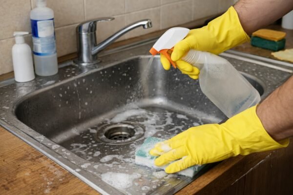 تنظيف حوض المطبخ باستخدام مواد تعقيم