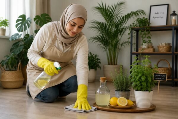 ربة منزل تنظف الأرضية بمواد طبيعية