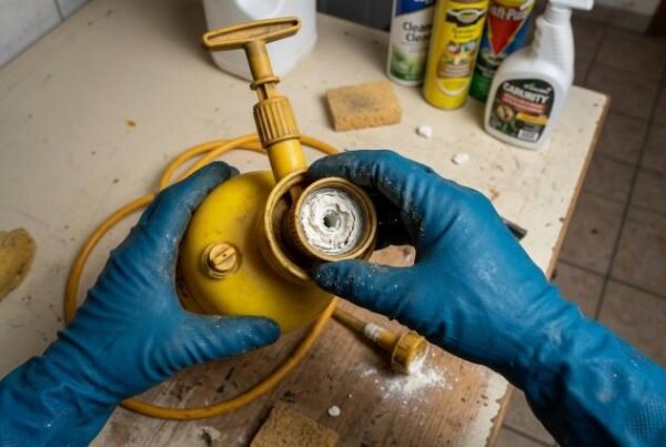 يدان ترتديان قفازات زرقاء تفكان فوهة مضخة رش صفراء يظهر بداخلها مسحوق أبيض يسد المجرى