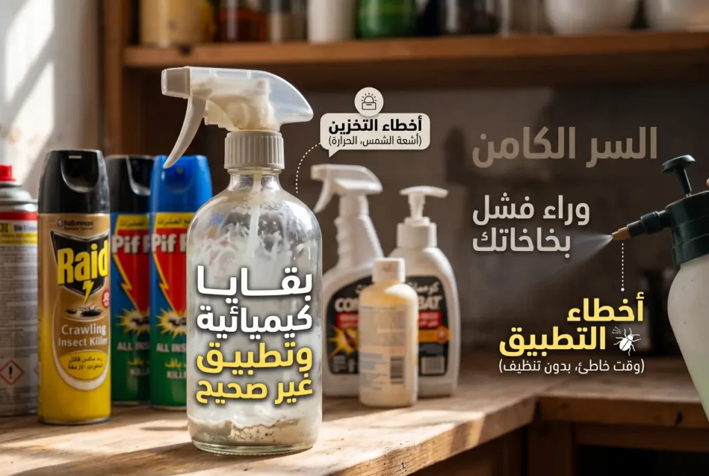 أسباب فشل المبيدات المنزلية مثل أخطاء التخزين وتطبيق الرش غير الصحيح وبقايا الرواسب