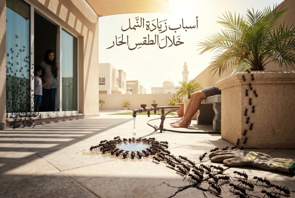 لقطة واسعة ومشرقة توضح أسباب زيادة النمل خلال الطقس الحار من الخارج والداخل